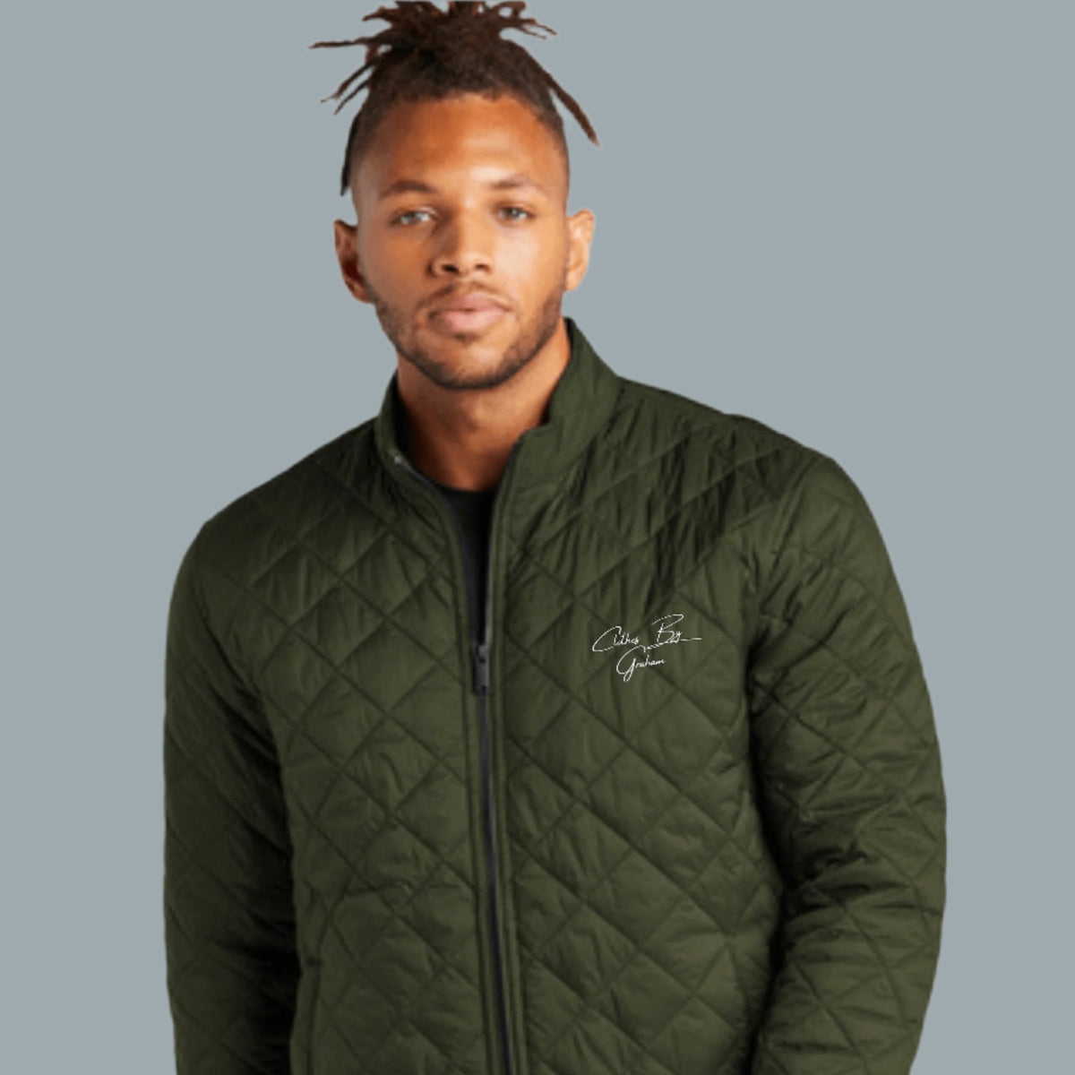 Mens Olive Quilted Full-Zip Jacket