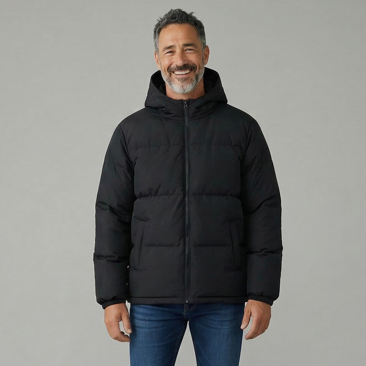 Black hooded puffer jacket