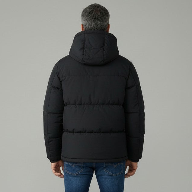 Black hooded puffer jacket