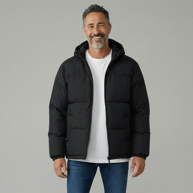 Black hooded puffer jacket