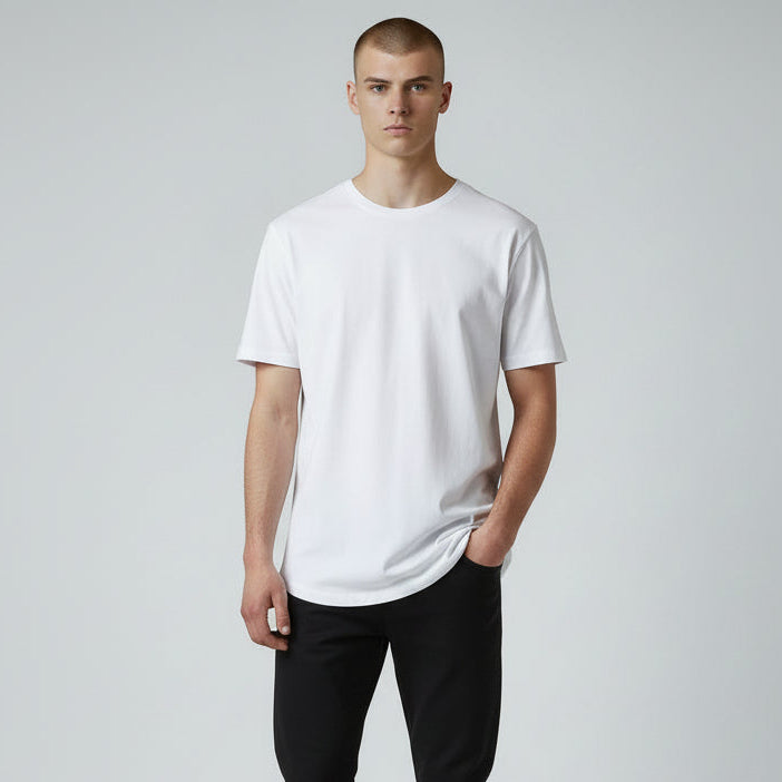 Mens white cotton curved hem t shirt