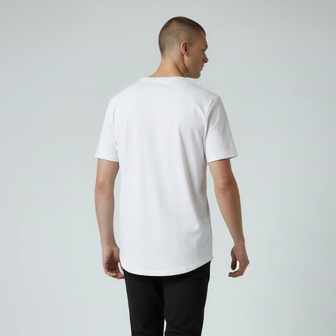 Mens white cotton curved hem t shirt