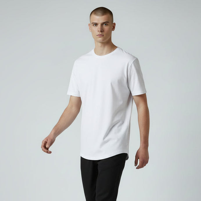 Mens white cotton curved hem t shirt