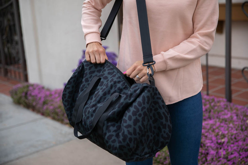 black leopard print duffle bag