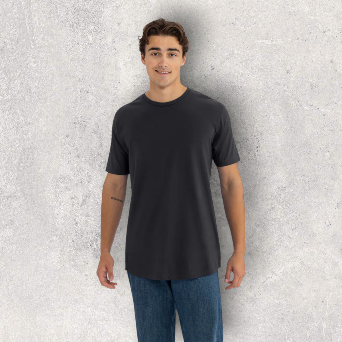 Mens Black Curved Hem Crew Neck T-Shirt