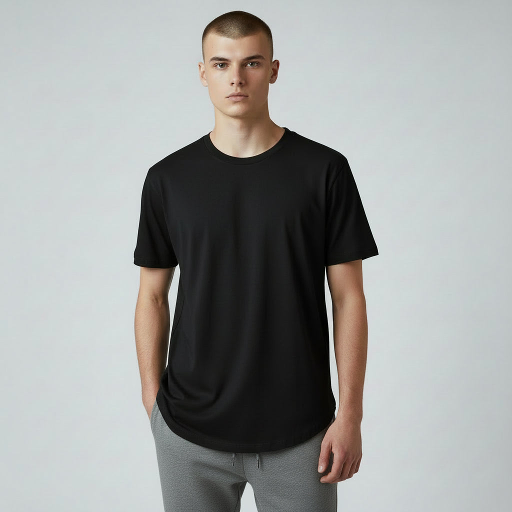 mens Black cotton curved hem t shirt