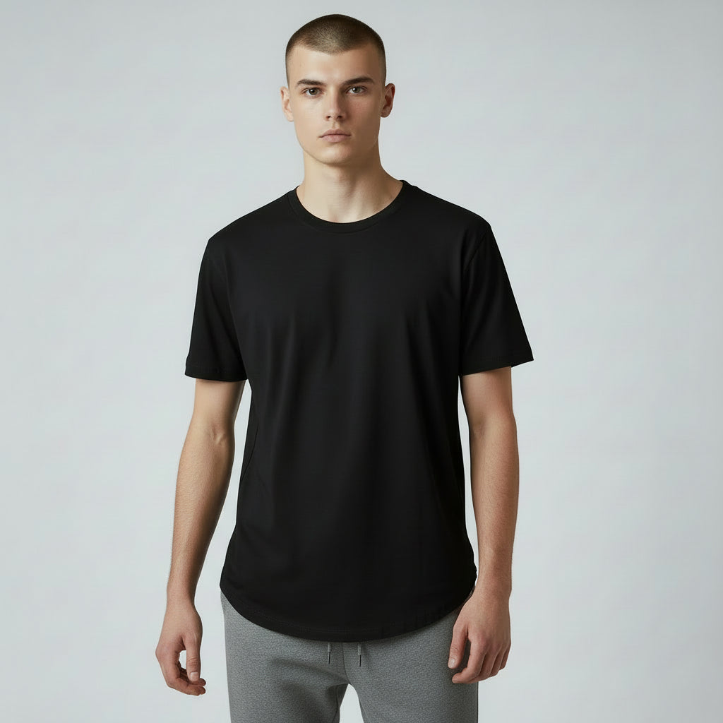 mens Black cotton curved hem t shirt