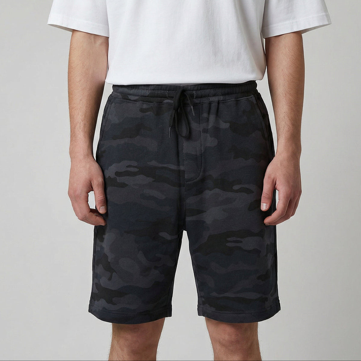 mens camo fleece sweatshorts