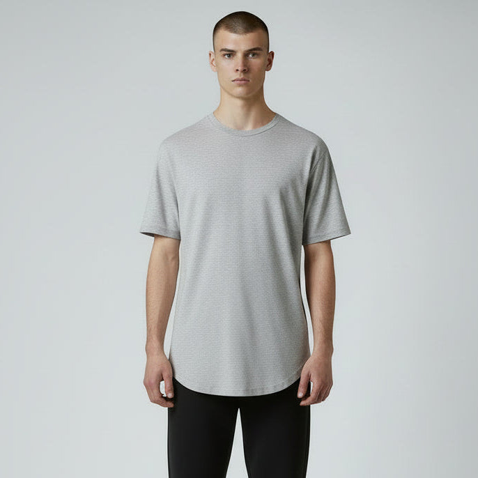 mens heather grey cotton curved hem t shirt