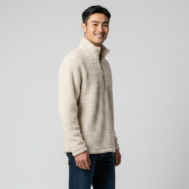 mens oatmeal fuzzy quarter zip