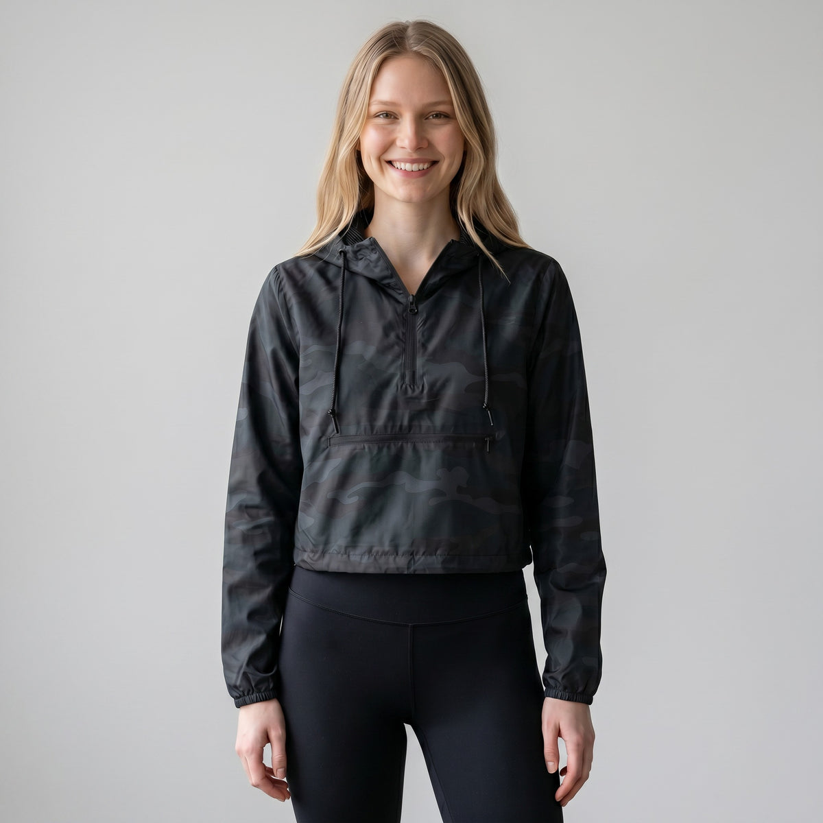 womens black camo crop windbreaker