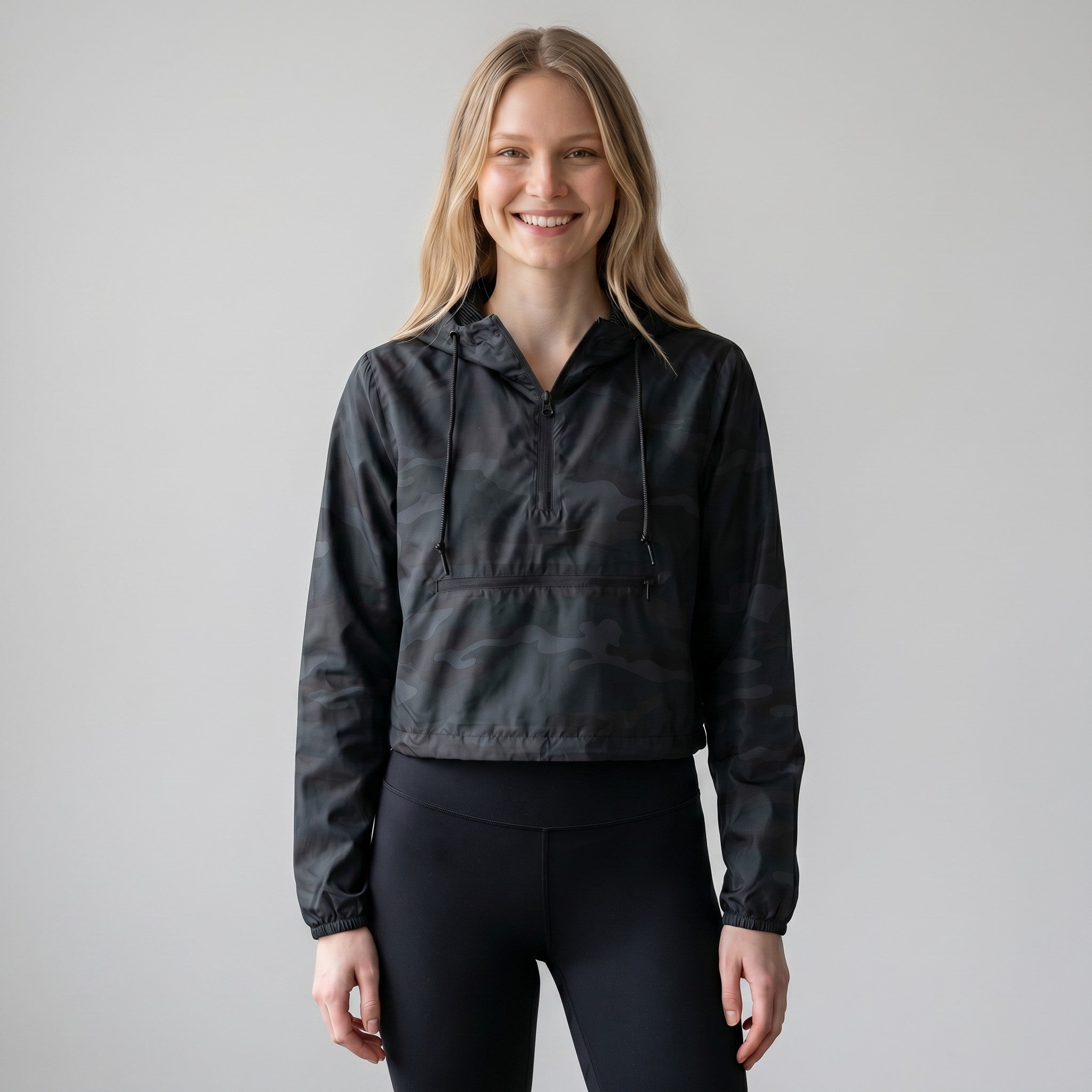 womens black camo crop windbreaker