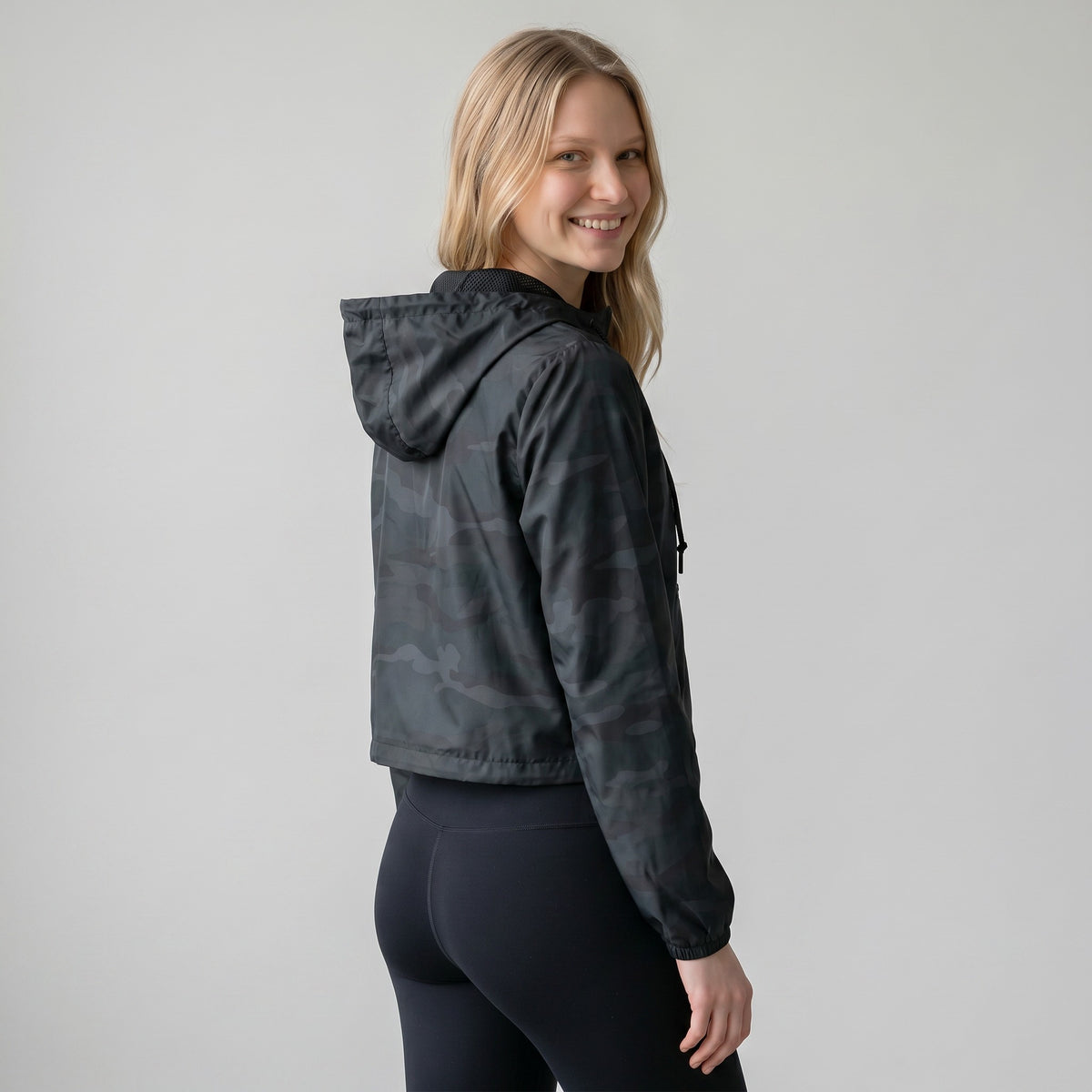 womens black camo crop windbreaker