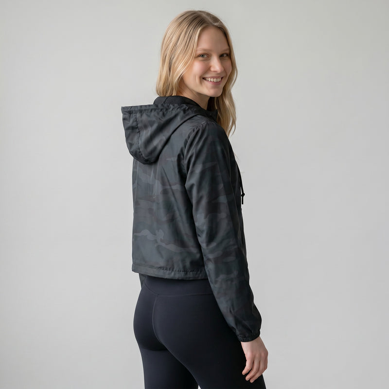 womens black camo crop windbreaker