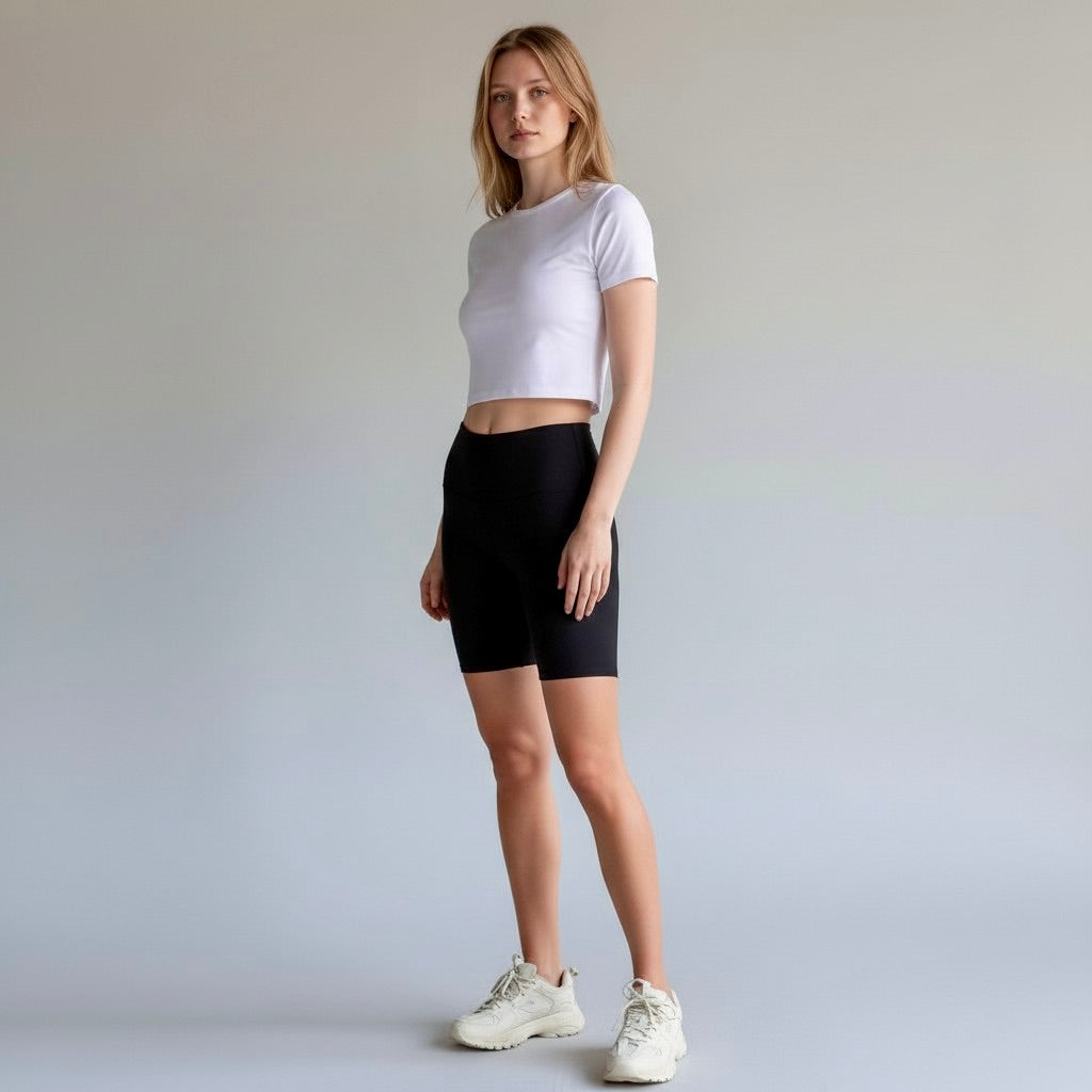 womens mid thigh black biker shorts