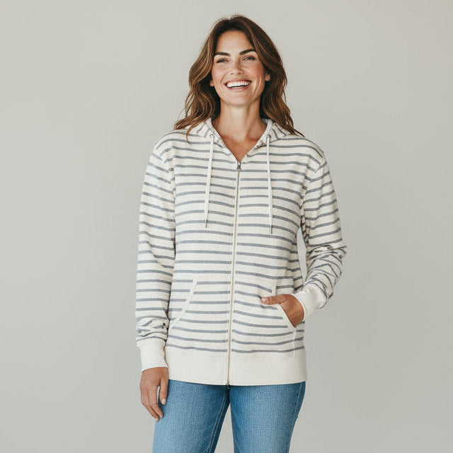 womens white striped zip hoodie