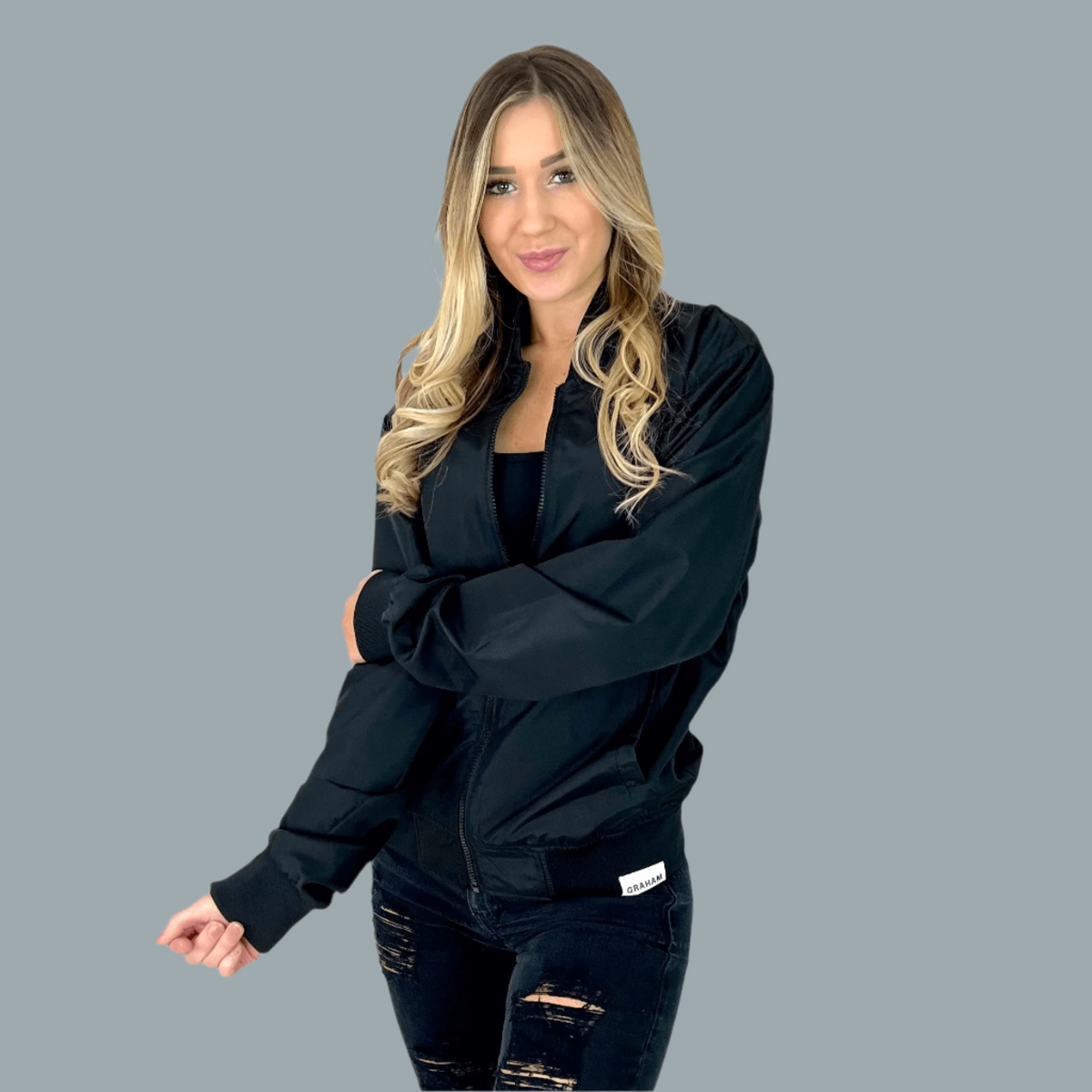 womens black bomber jacket