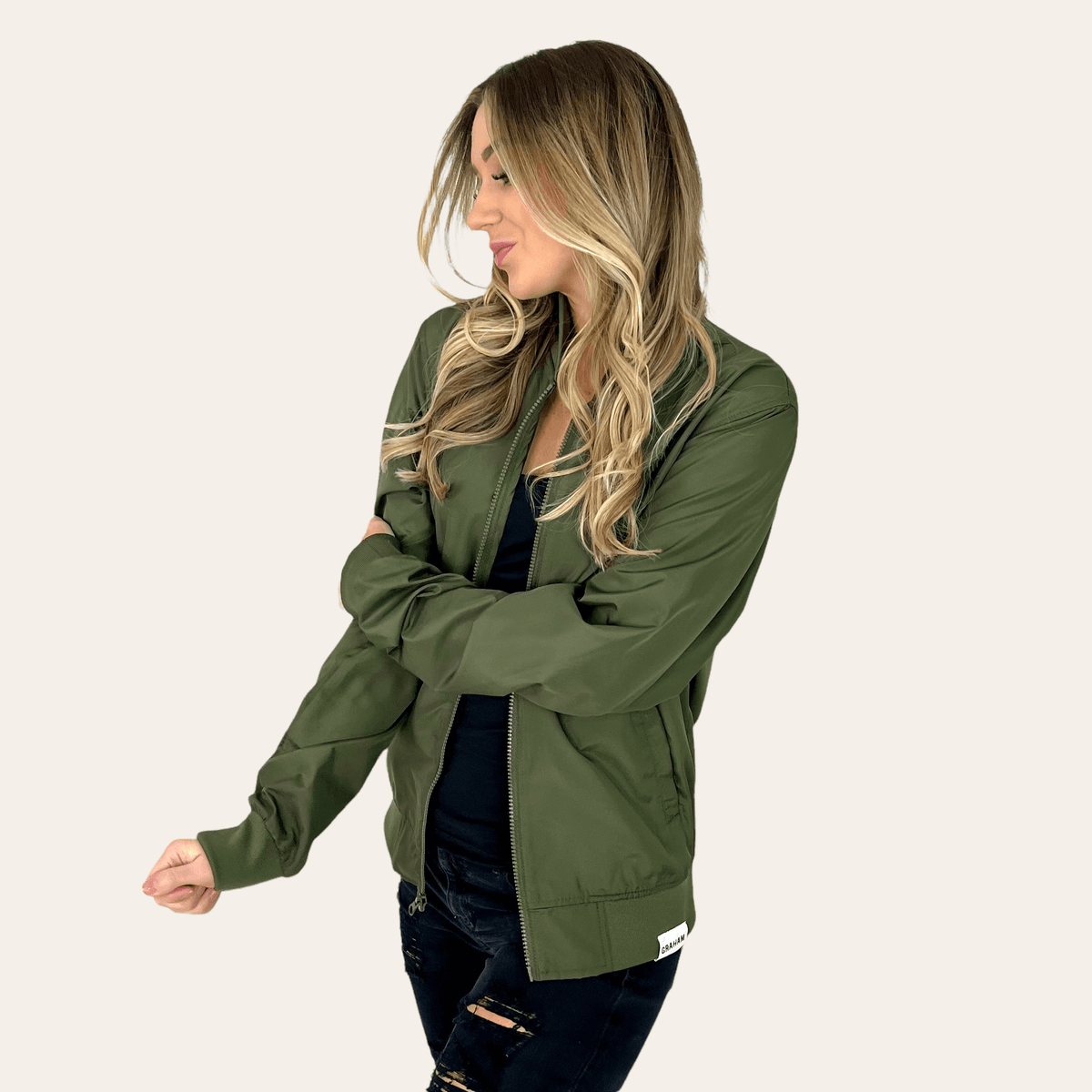 womens green bomber jacket 