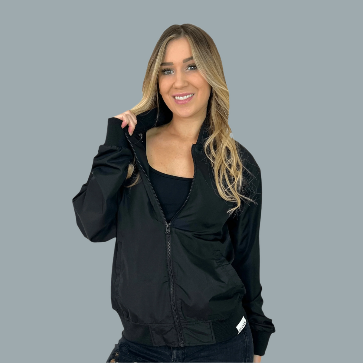 womens black bomber jacket