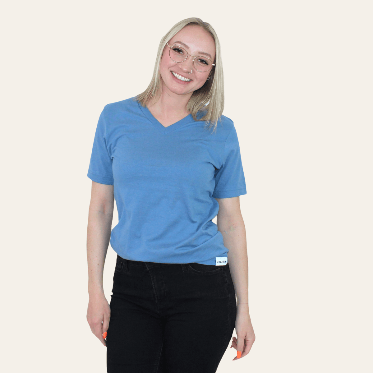 womens blue v-neck t-shirt